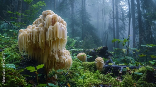 lions mane mushroom in beautiful forest  photo