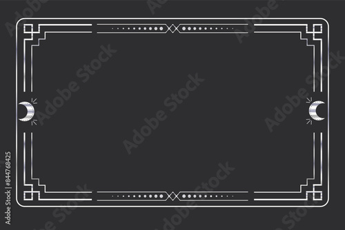 Silver celestial minimal esoteric frame, thin line border, mystyc linear decoration with dots, moon, stars corners isolated on dark background. Geometric shape, tarrot 