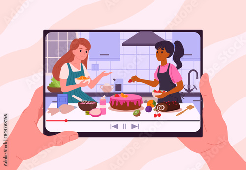 Online culinary show on tablet screen. Women cooking food online, food preparing video live stream flat vector illustration. Cooking tutorial on tablet screen