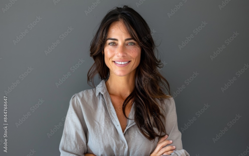 A woman with long hair is smiling and posing for a picture. She is wearing a gray shirt and has her arms crossed A woman with long hair is smiling and posing for a picture. She is wearing a gray shirt and has her arms crossed