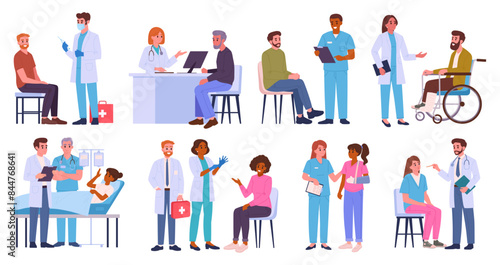 Patients and doctors. Medical staff with clinic patients, doctors and nurses diagnosing and advising patients flat vector illustration set. Hospital professional workers with patients characters