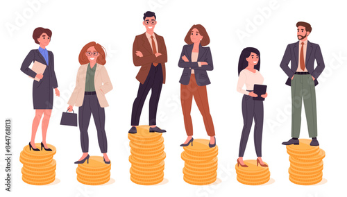 Salary gap. Office workers standing on dollar coins stacks, businessman and businesswoman wage inequality flat vector illustration set. Income inequality concept