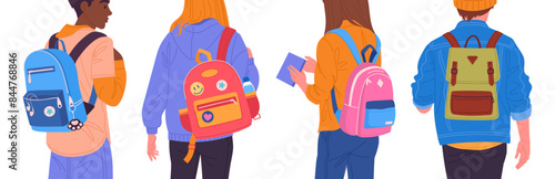 Teenagers with backpacks back view. Young people wearing backpacks, students with school bags flat vector illustration set. School kids backpacks back view