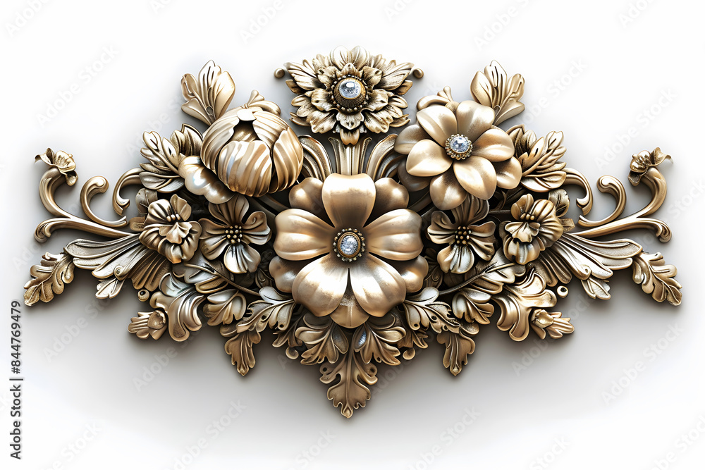 Fototapeta premium Antique golden baroque jewelry on a light background, Ornament elements, vintage gold floral designs