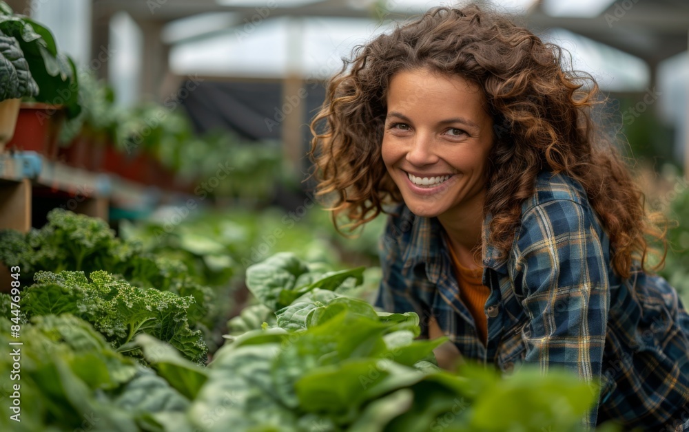 A woman is smiling and standing in a greenhouse filled with plants. She is surrounded by various types of plants, including a large group of green leaves. Concept of happiness and contentment A woman is smiling and standing in a greenhouse filled with plants. She is surrounded by various types of plants, including a large group of green leaves. Concept of happiness and contentment