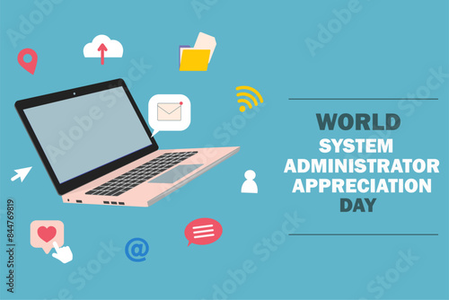 System Administrator Appreciation Day. Computer with contact information icon. Template for background, banner, card, poster with text inscription.