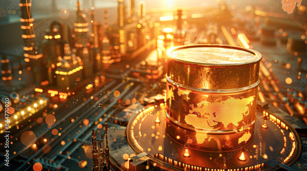 A barrel of oil as the central subject, showcasing its golden metallic texture and shiny surface.