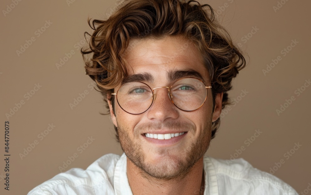 A man with glasses is smiling and looking at the camera. He has a clean-shaven face and a mustache A man with glasses is smiling and looking at the camera. He has a clean-shaven face and a mustache