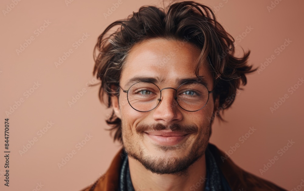 Fototapeta premium A man with glasses and a beard is smiling at the camera. He is wearing a brown jacket and a scarf
