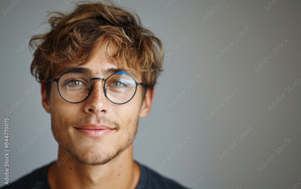 A man with glasses and a beard is smiling. He is wearing a black shirt. Concept of confidence and friendliness A man with glasses and a beard is smiling. He is wearing a black shirt. Concept of confidence and friendliness