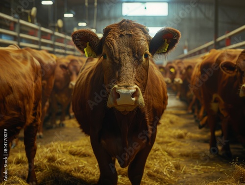 A brown cow walks through the center, surrounded by many cows in an indoor pen