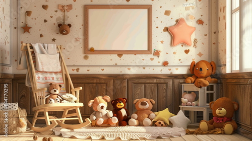 Adorable baby room with a rocking chair, stuffed animals, and a frame awaiting your special photo.