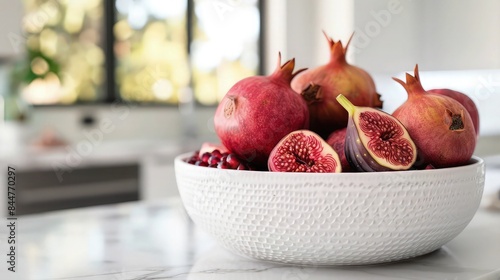 A collection of pomegranate and figs in a white textured bowl, set against the blurred backdrop of a modern kitchena??s marble countertop. photo