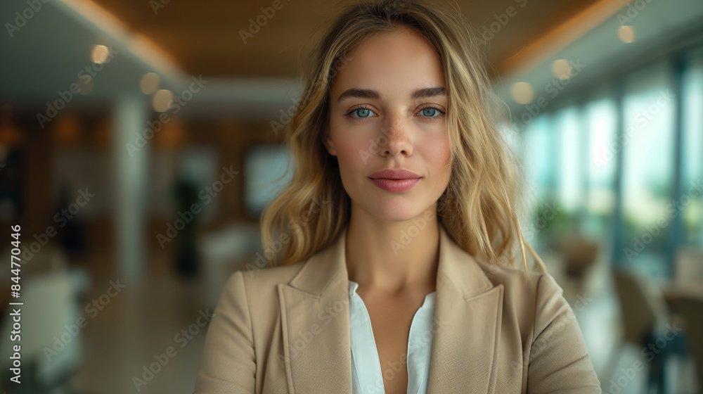 Fototapeta premium confident businesswoman in beige suit looking forward and posing