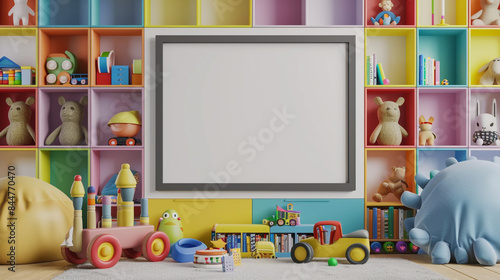 Bright and cheerful kids' room interior with a blank frame above a colorful bookshelf, surrounded by toys and soft furnishings, 3D render © Aistock
