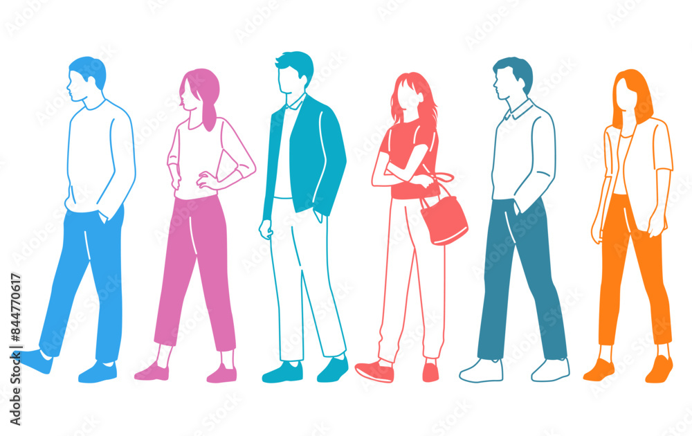 Group men and women walk, different colors, cartoon character, silhouettes walking people, profile, design concept of flat icon, hand draw vector illustration, isolated on white background Group men and women walk, different colors, cartoon character, silhouettes walking people, profile, design concept of flat icon, hand draw vector illustration, isolated on white background