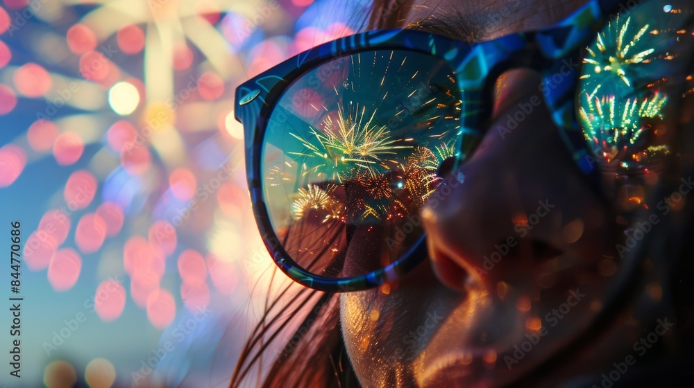 Fototapeta premium reflection of fireworks in sunglasses generative ai