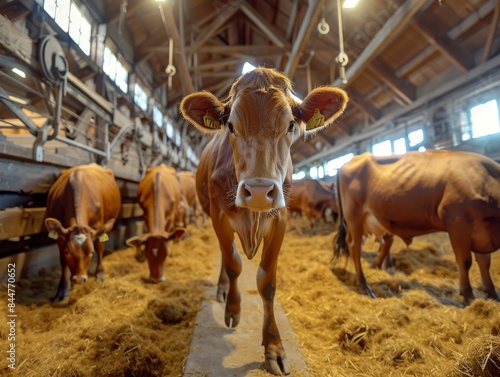 A brown cow walks through the center, surrounded by many cows in an indoor pen