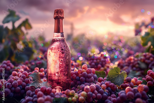 bottle of pink champagne standing among purple grapes