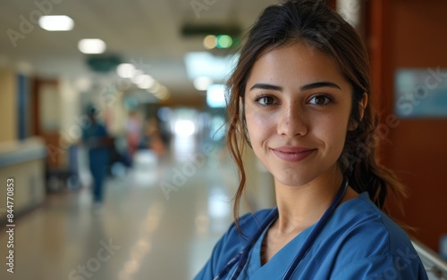 A woman in a blue scrubs is smiling at the camera. She is a nurse and is standing in a hospital hallway