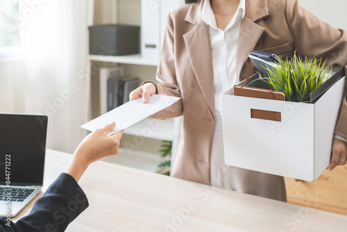 Принти на полотні Unemployment quitting job, desperate asian young business woman send resignation