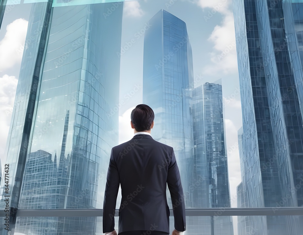 Businessman Looking Out Window at Modern City Skyline Businessman Looking Out Window at Modern City Skyline