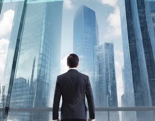 Businessman Looking Out Window at Modern City Skyline