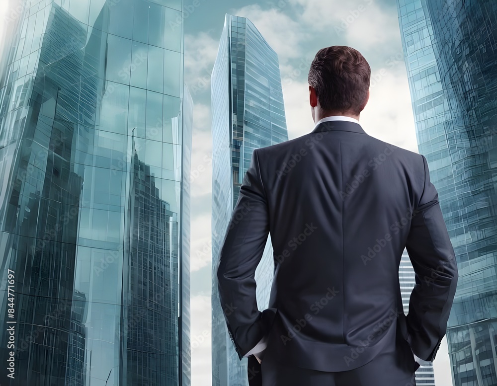 Businessman Looking Out Window at Modern City Skyline Businessman Looking Out Window at Modern City Skyline