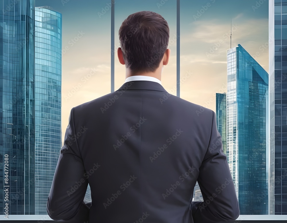 Businessman Looking Out Window at Modern City Skyline Businessman Looking Out Window at Modern City Skyline