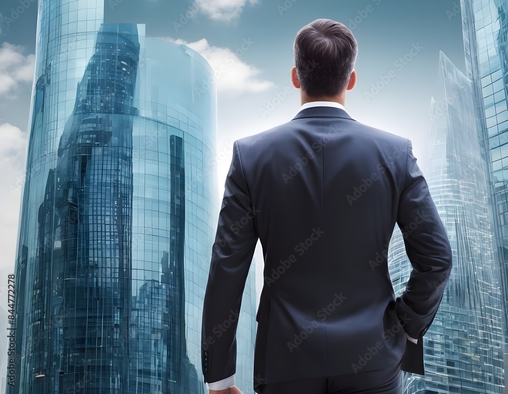 Businessman Looking Out Window at Modern City Skyline Businessman Looking Out Window at Modern City Skyline