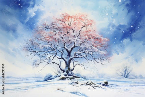 Artistic depiction of a majestic tree with pink blossoms against a serene winter backdrop