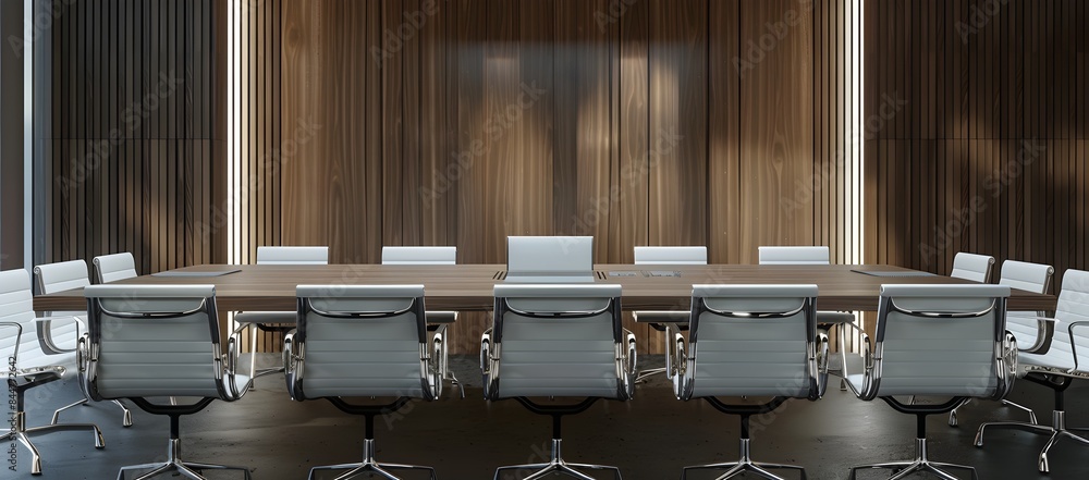 front view of an empty conference table with white office chairs in front, behind the table is a wall panel with wood panels on a dark grey background front view of an empty conference table with white office chairs in front, behind the table is a wall panel with wood panels on a dark grey background
