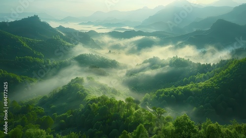 Sacred mountains, misty peaks, early morning light