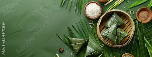 Zongzi, steamed rice dumplings on green table background, food in dragon boat festival duanwu concept, close up, copy space, top view, flat lay