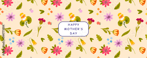 Happy Mother's Day. Vector gouache modern cute floral illustration of peony flower, rose, plant, bouquet, pattern, leaf, for greeting card, coral background, invitation or banner , ai, vector
