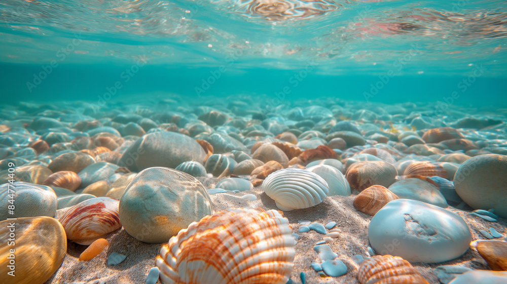 Sea and ocean life creative advertising concept. Close up of the seabed. Beautiful wet colorful shiny stones, starfish and shells under raindrops or sea spray. Sea and ocean life creative advertising concept. Close up of the seabed. Beautiful wet colorful shiny stones, starfish and shells under raindrops or sea spray.