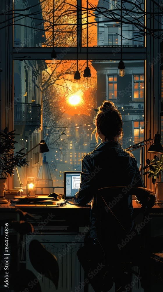 Illustration of a business woman typing on a laptop at a table. Illustration of a business woman typing on a laptop at a table.