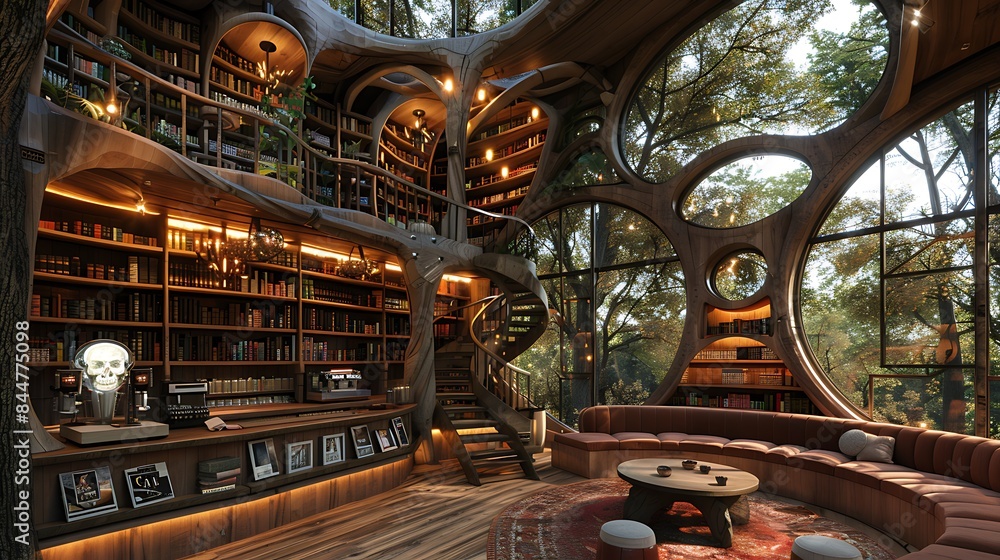 Obraz premium An artistic rendering of a modern treehouse library with expansive bookshelves intertwined with natural wood architecture and cozy seating areas.