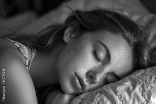 Woman Sleeping Peacefully On A Pillow In Bed