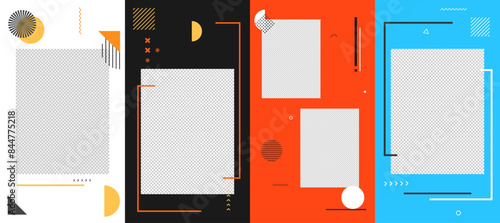 Vector illustration. Geometric abstract photo frame set. Memphis pattern. Design elements for flyer, voucher, coupon, leaflet. Banner clipping mask. Neo classical background collection