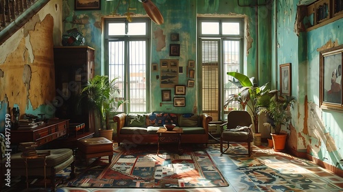 Wallpaper Mural Cuban living room. Cuba. A vintage-style living room with eclectic decor, sunlit through large windows, creating a warm and inviting atmosphere.  Torontodigital.ca