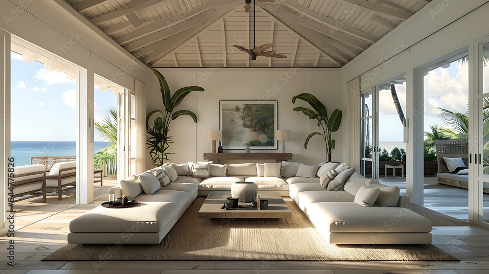 Grenadian living room. Grenada. Luxurious beachfront living room with modern furniture and tropical view, perfect for a serene lifestyle advertisement. Grenadian living room. Grenada. Luxurious beachfront living room with modern furniture and tropical view, perfect for a serene lifestyle advertisement.
