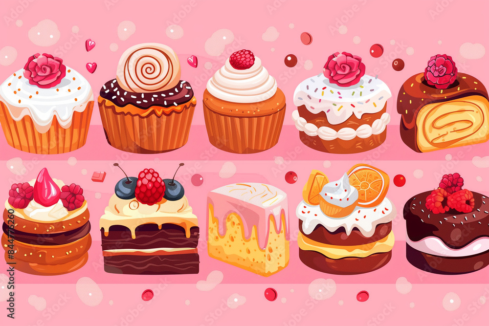 Colorful Cakes With Berries and Chocolate Icing Illustration Colorful Cakes With Berries and Chocolate Icing Illustration