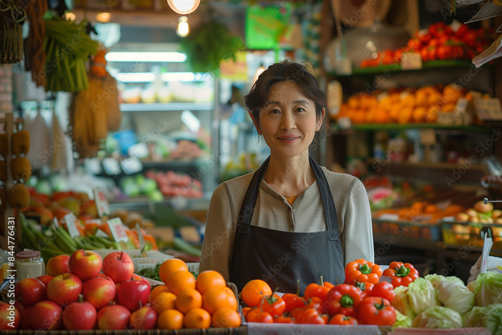 Smiling Woman Selling Fresh Produce at a Local Market Stall Smiling Woman Selling Fresh Produce at a Local Market Stall
