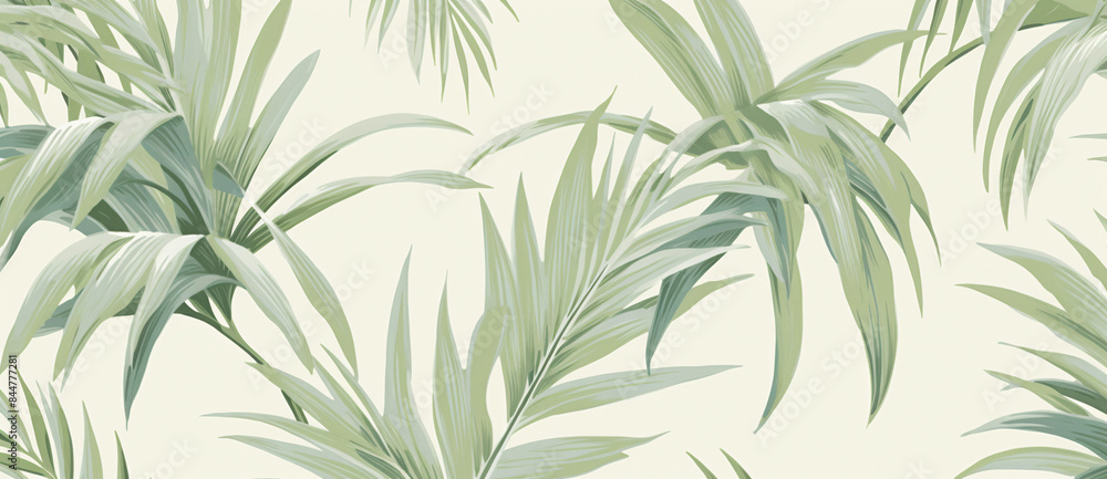 A seamless pattern of light green palm leaves, their delicate silhouettes blending seamlessly with the background in soft shades of cream and beige. A seamless pattern of light green palm leaves, their delicate silhouettes blending seamlessly with the background in soft shades of cream and beige.