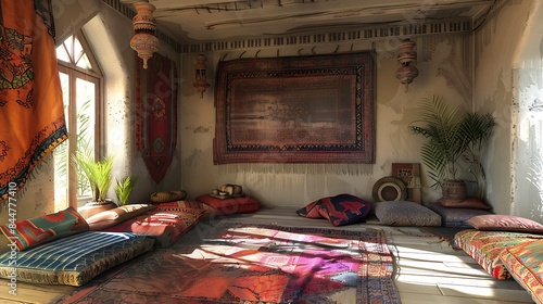 Sudanese living room. Sudan. A cozy and traditional bohemian interior with colorful cushions, rugs, and potted plants illuminated by natural light through the windows.