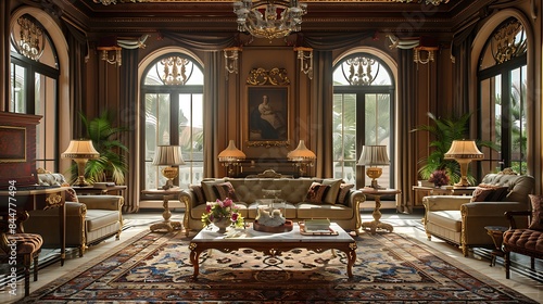 Syrian living room. Syria. Grand and elegant living room interior with luxurious furniture and detailed decor under a crystal chandelier. photo