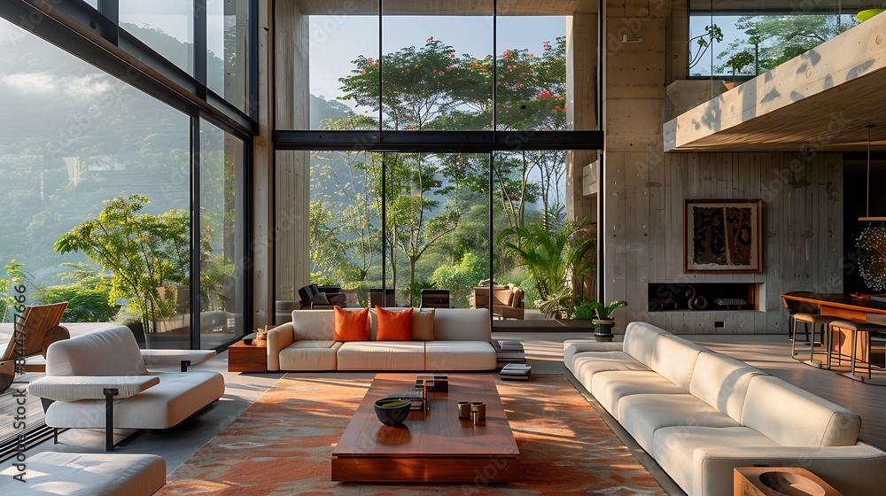 Fototapeta premium Venezuelan living room. Venezuela. A luxurious modern living room with large windows offering a panoramic view of a lush forest landscape. 