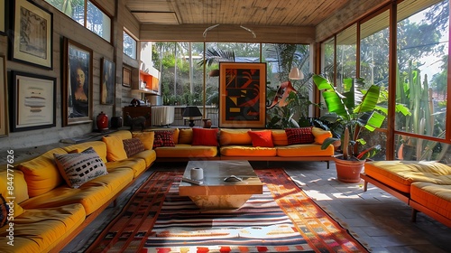Uruguayan living room. Uruguay. A stylish and cozy living room interior with vibrant yellow sofas, wooden floors, and ample natural light shining through large windows.  photo