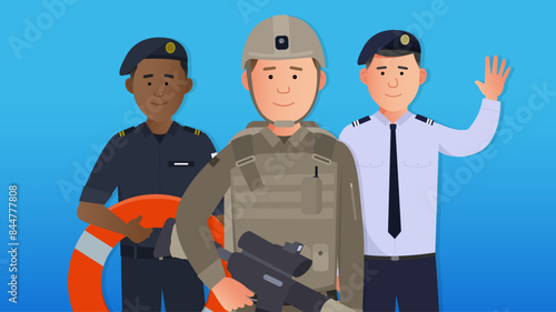 Simple flat armed services vector characters. Infantry, navy and air force. Easy to edit. Easy to edit flat modern trendy style.